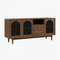 Buffet 180 cm en bois brun avec portes nervurées noires et tiroirs style rétro