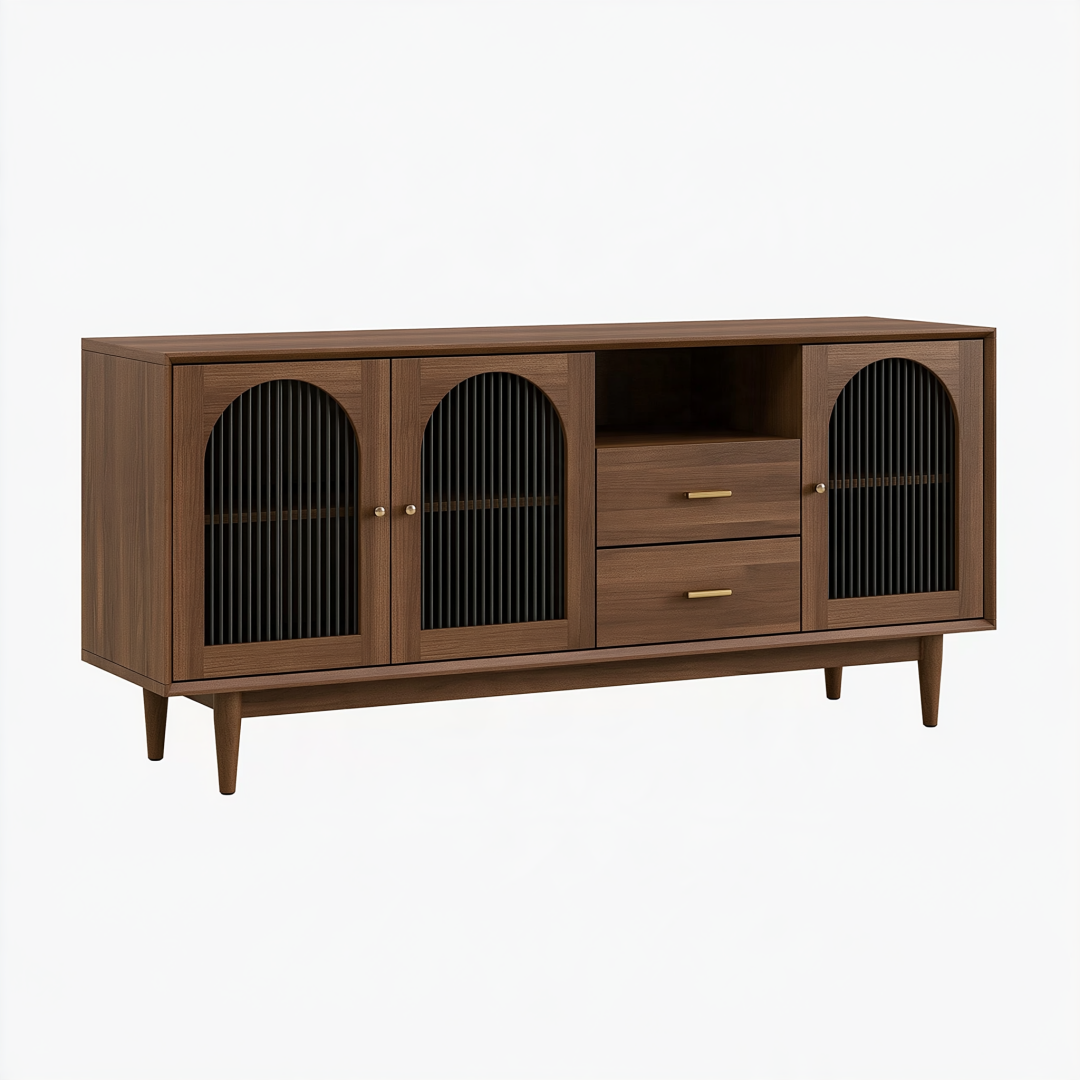 Buffet 180 cm en bois brun avec portes nervurées noires et tiroirs style rétro