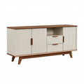 Buffet 160 x 40 x 85 cm en panneaux aspect bois blanc et noyer - rangement strié style rétro