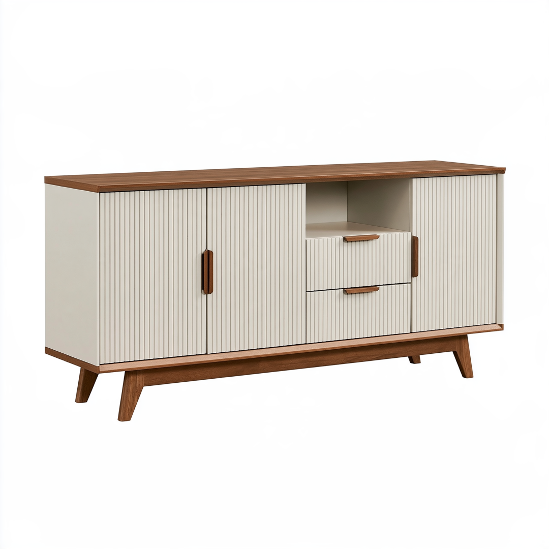 Buffet 160 x 40 x 85 cm en panneaux aspect bois blanc et noyer - rangement strié style rétro