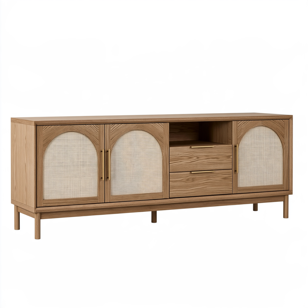Buffet 180 x 40 x 85 cm en bois brun et cannage avec rangements style bohème