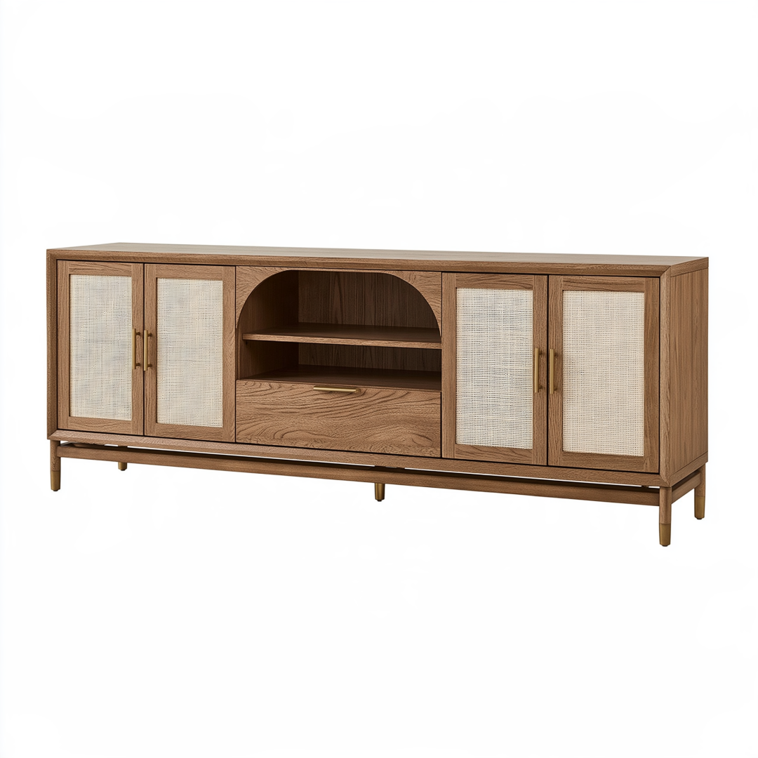 Buffet 180 x 40 x 75 cm en bois noyer et cannage avec rangement style vintage