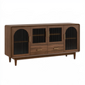 Buffet 180 x 45 x 85 cm en bois brun noyer avec portes striées et tiroirs style rétro
