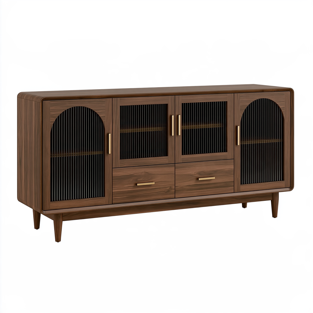 Buffet 180 x 45 x 85 cm en bois brun noyer avec portes striées et tiroirs style rétro