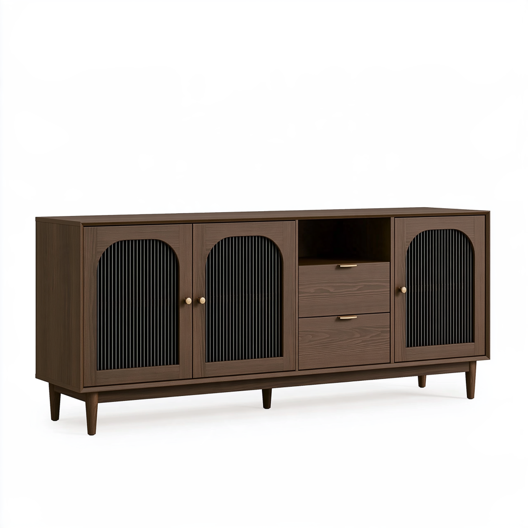 Buffet 180 x 40 x 85 cm en panneaux de bois brun avec portes rainurées style moderne