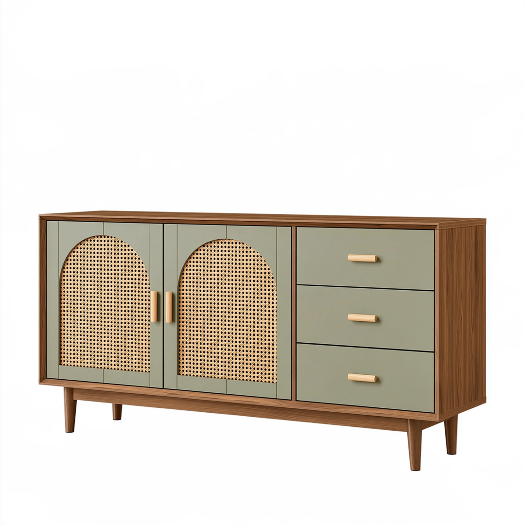 Buffet 160 cm en bois vert sauge avec cannage et 3 tiroirs style vintage