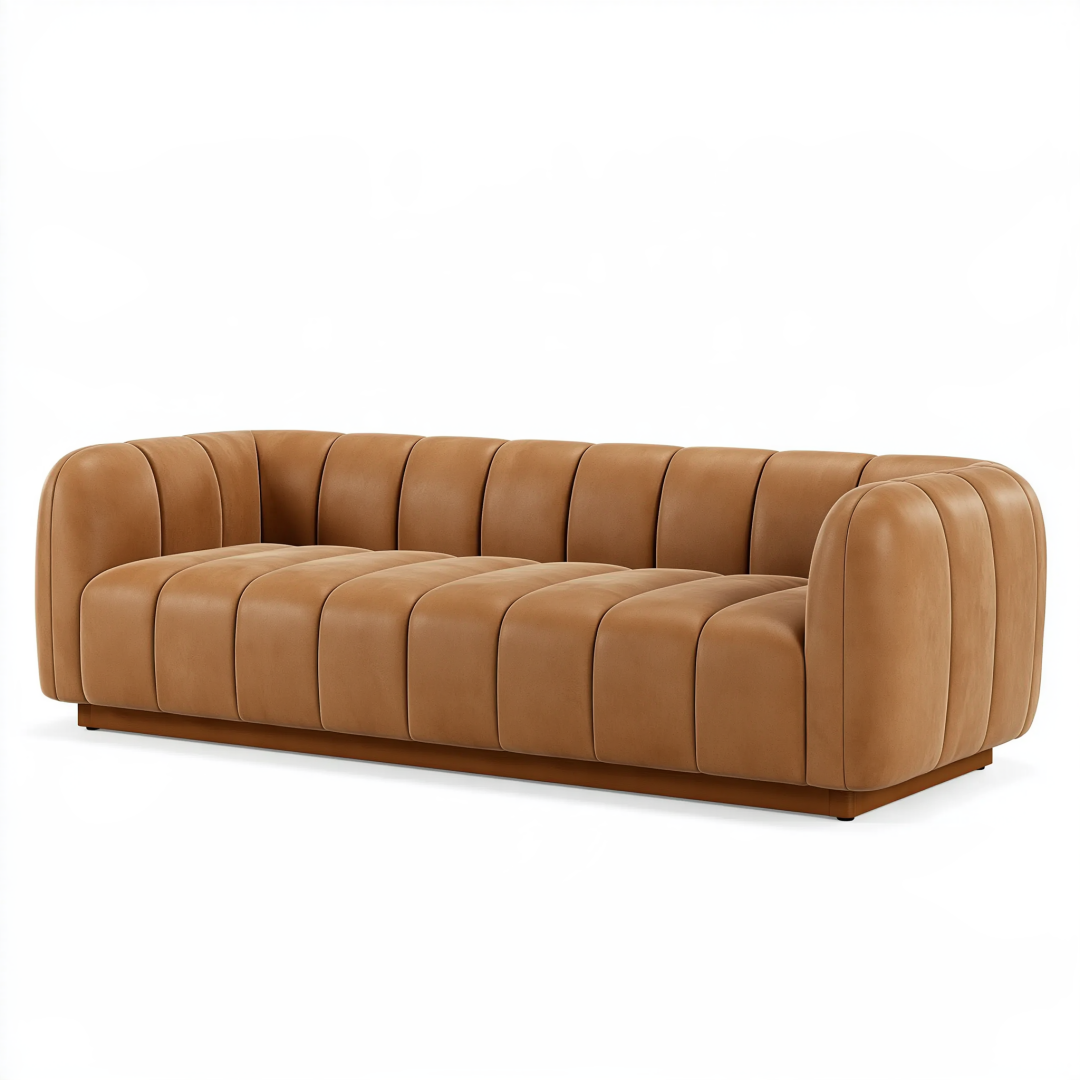 Canapé 3 places 220 cm en similicuir camel - style contemporain capitonné