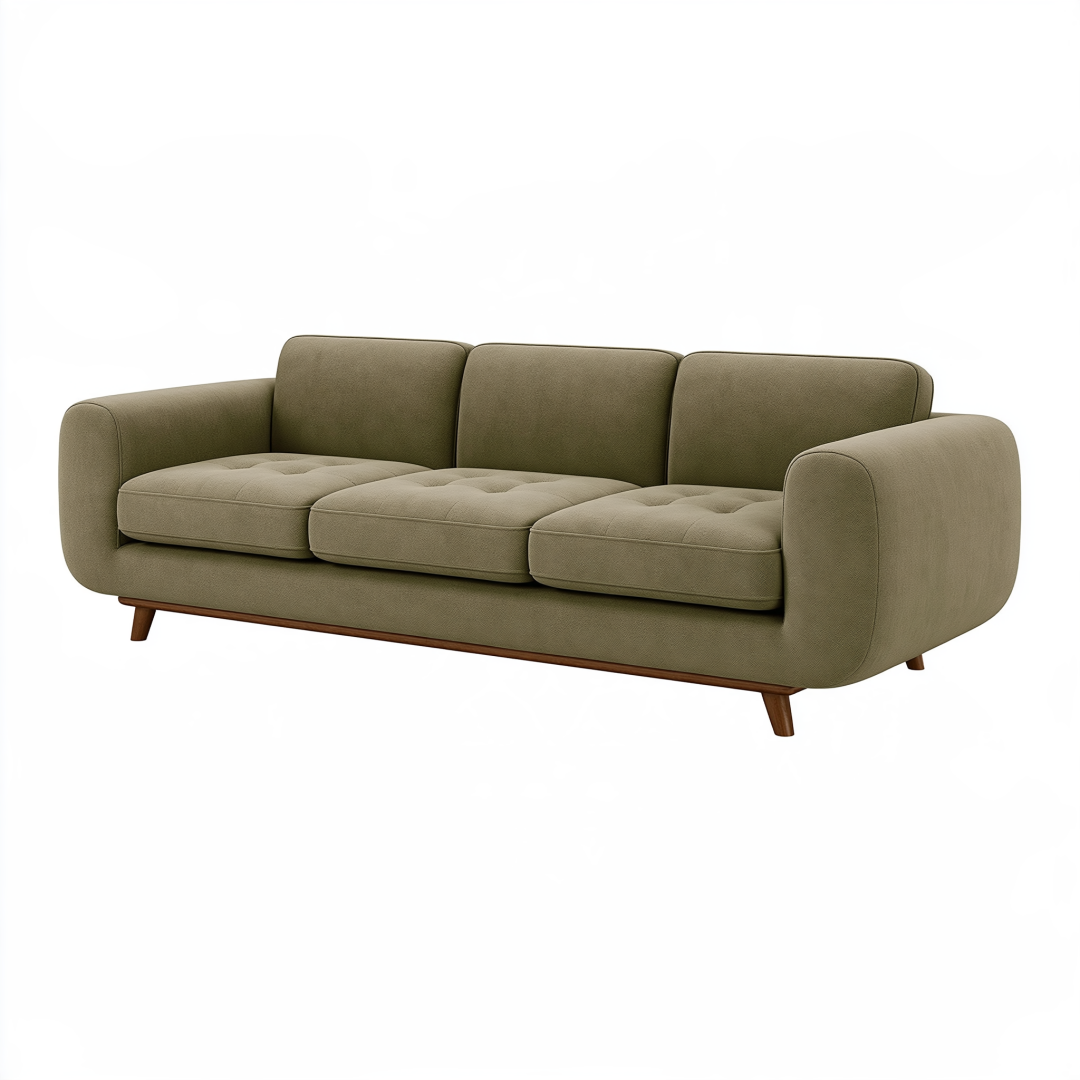 Canapé 3 places 220 cm en tissu vert kaki avec pieds en bois style moderne
