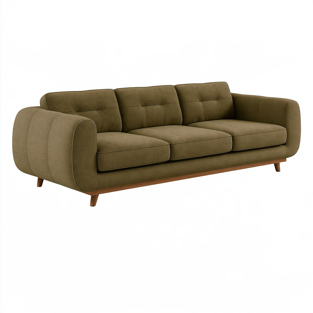 Canapé 3 places 220 cm en tissu kaki avec pieds en bois style contemporain