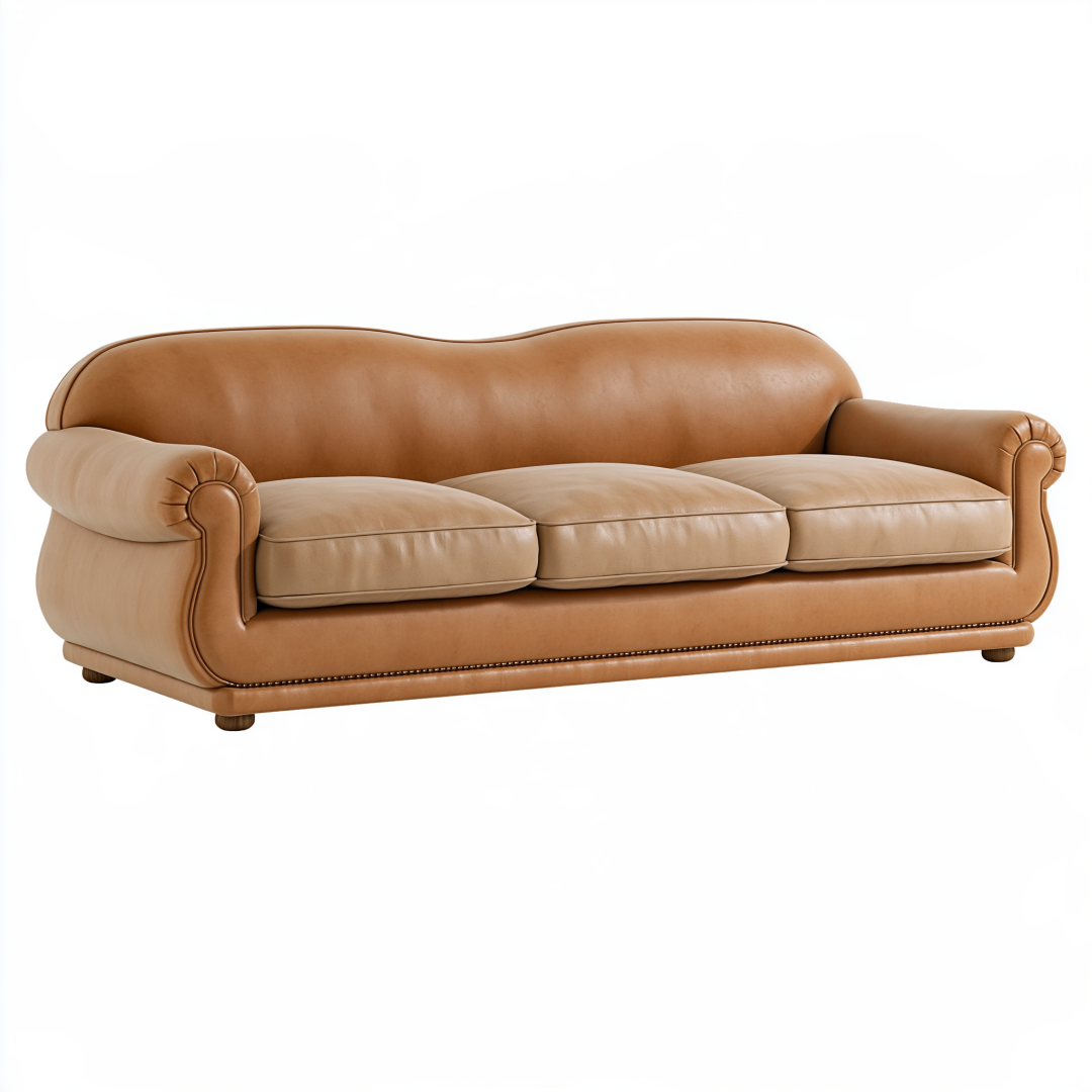 Canapé 3 places 230 cm beige et camel en revêtement aspect cuir style classique
