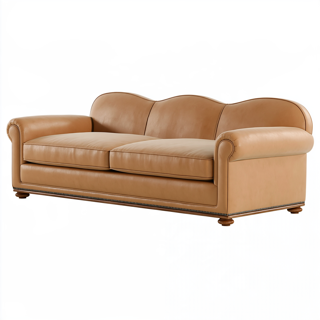 Canapé 3 places 220 cm en cuir camel style classique avec accoudoirs arrondis