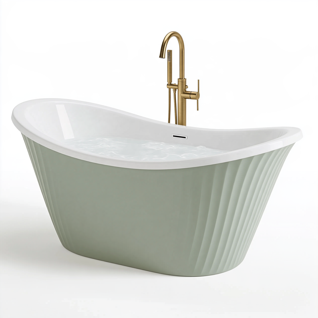 Baignoire îlot 170 cm en acrylique vert sauge et blanc avec robinet doré style contemporain