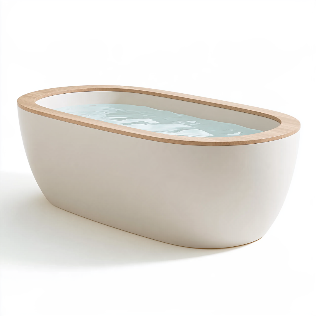 Baignoire îlot 170 x 75 cm blanche en résine avec rebord effet bois - style contemporain