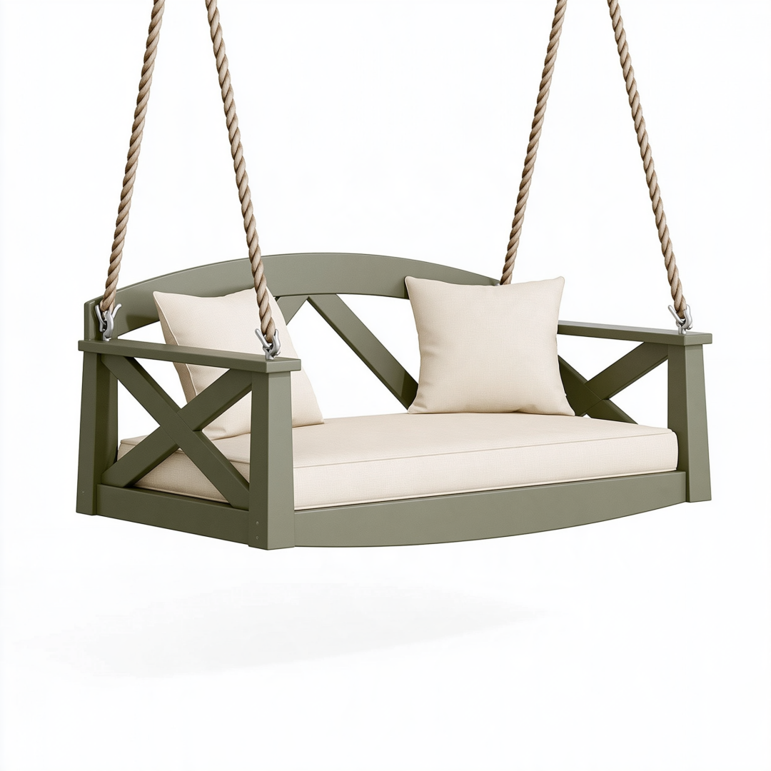 Balancelle de jardin 140 cm en bois vert kaki avec assise rembourrée suspendue