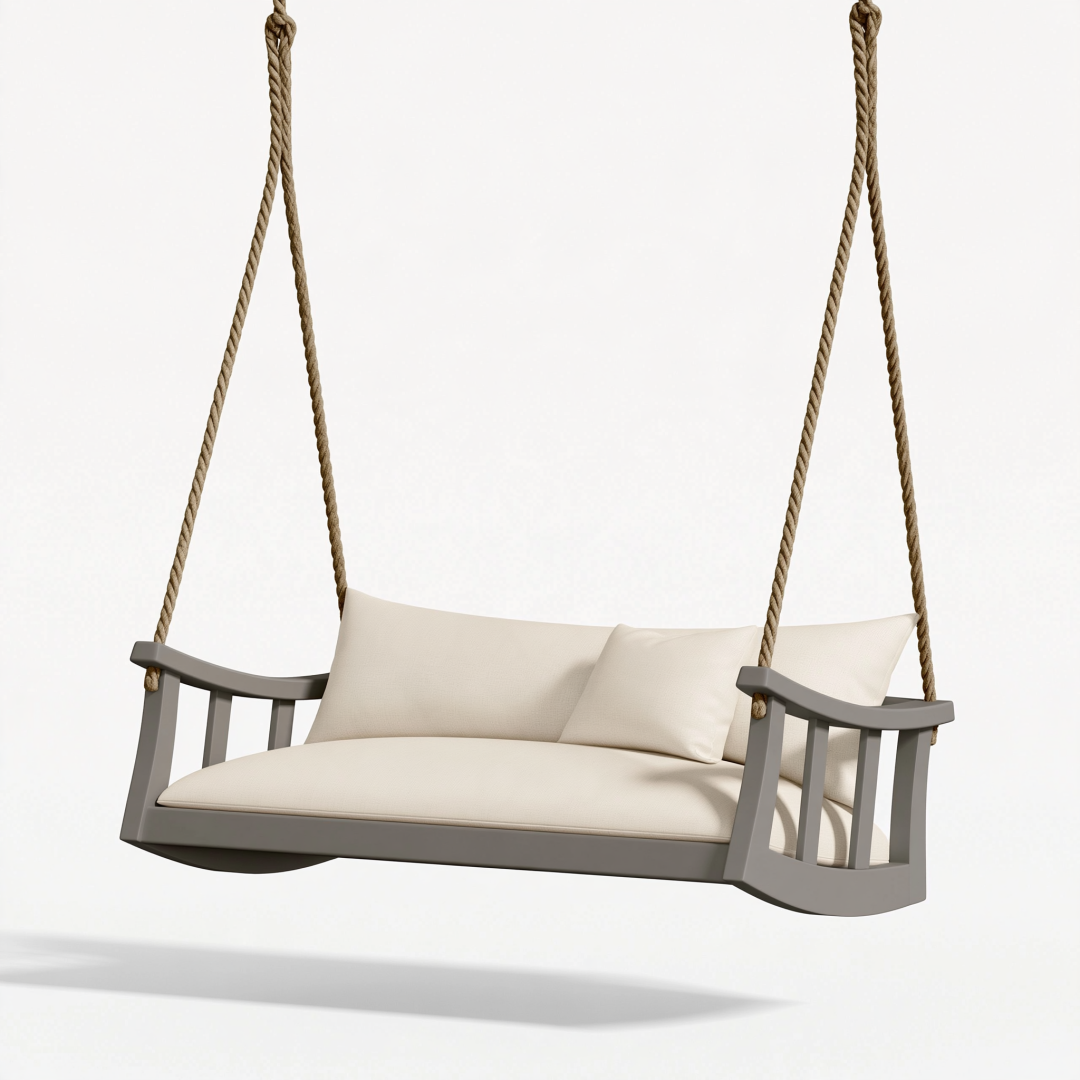 Balancelle de jardin 140 x 65 x 55 cm en bois gris avec cordes style contemporain