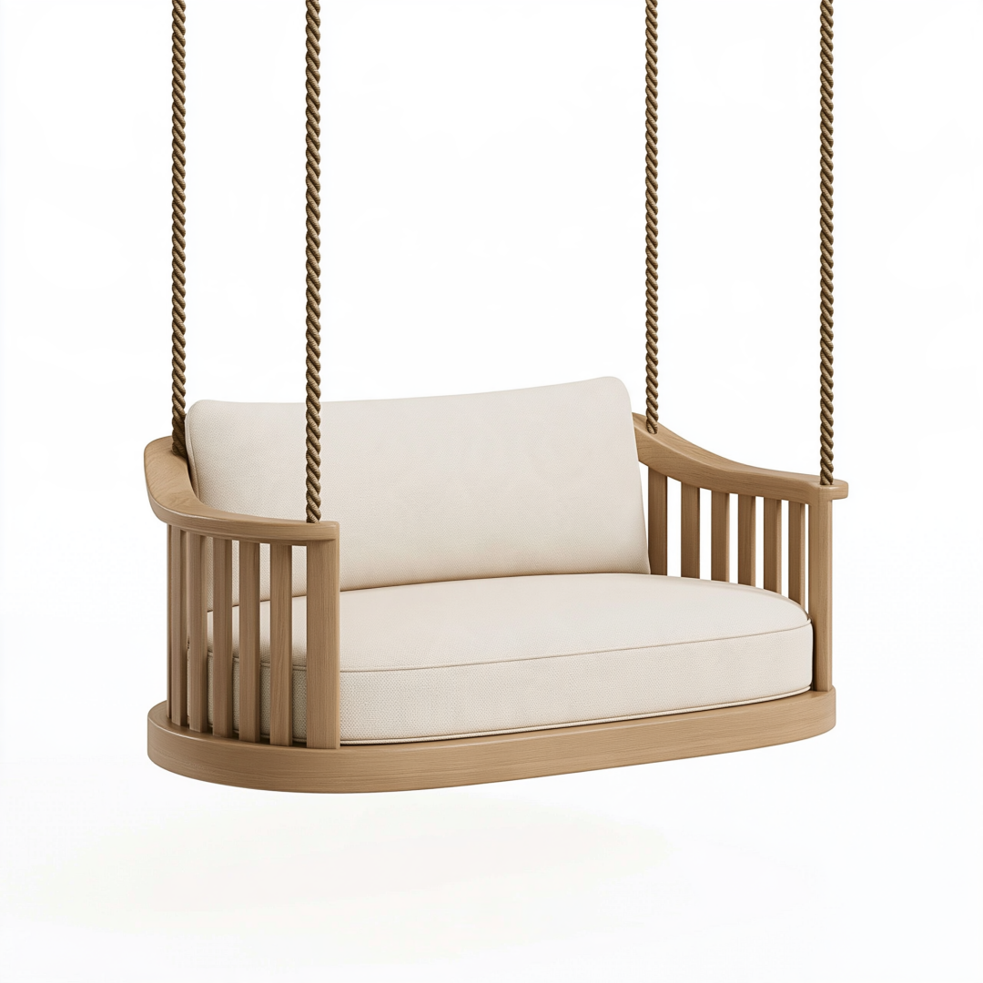 Fauteuil balançoire suspendu 2 places 145 x 70 x 65 cm en bois naturel beige avec assise rembourrée