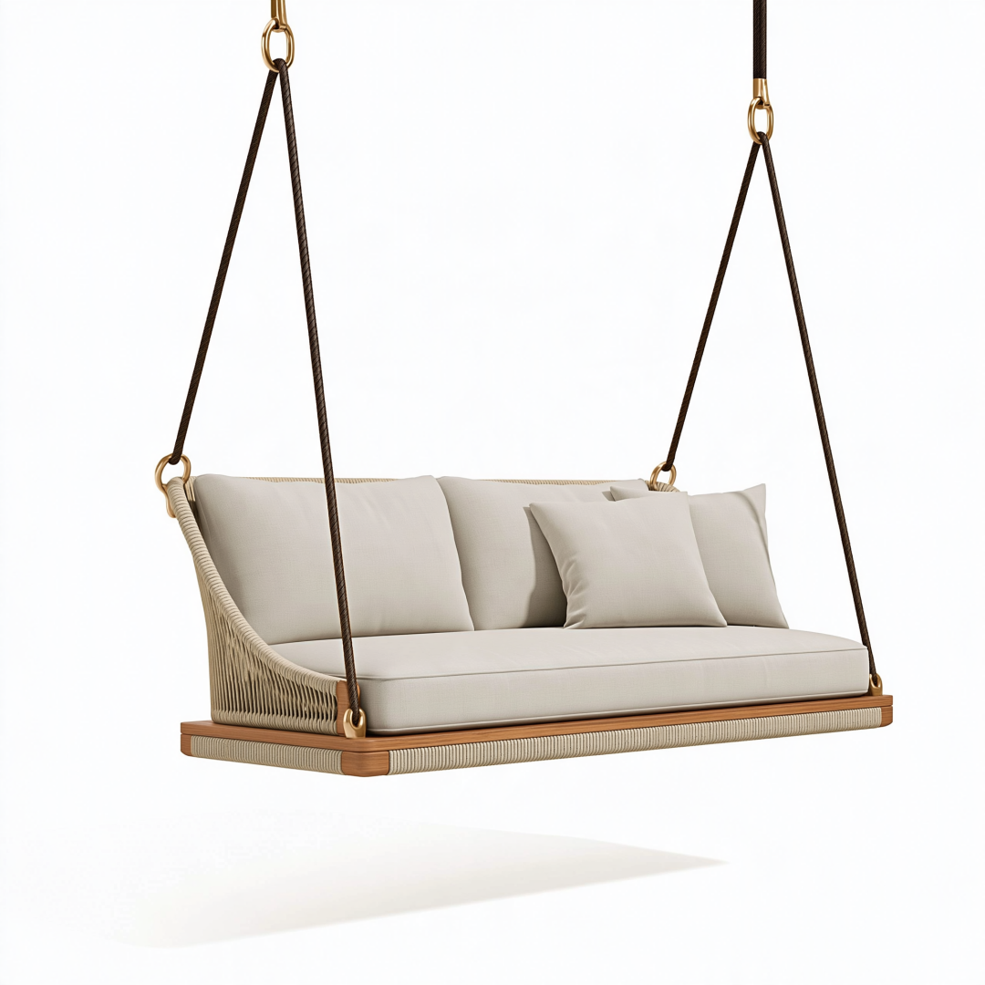 Balancelle suspendue 180 cm en bois et cordage beige pour extérieur style contemporain